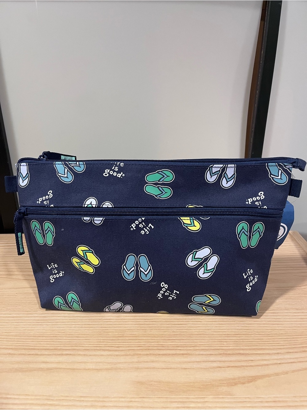 NWT Life Is Good Navy Blue Flip Flop Print Zipper Cosmetic Pouch Travel Bag